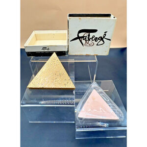 Vintage Faberge Gold Tone Triangle Powder Compact W/Refill & Original Box